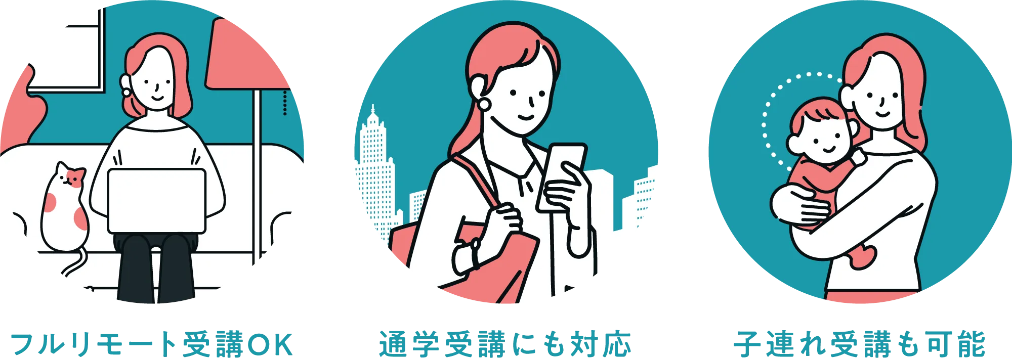 「フルリモート受講OK」「通学受講にも対応」「子連れ受講も可能」